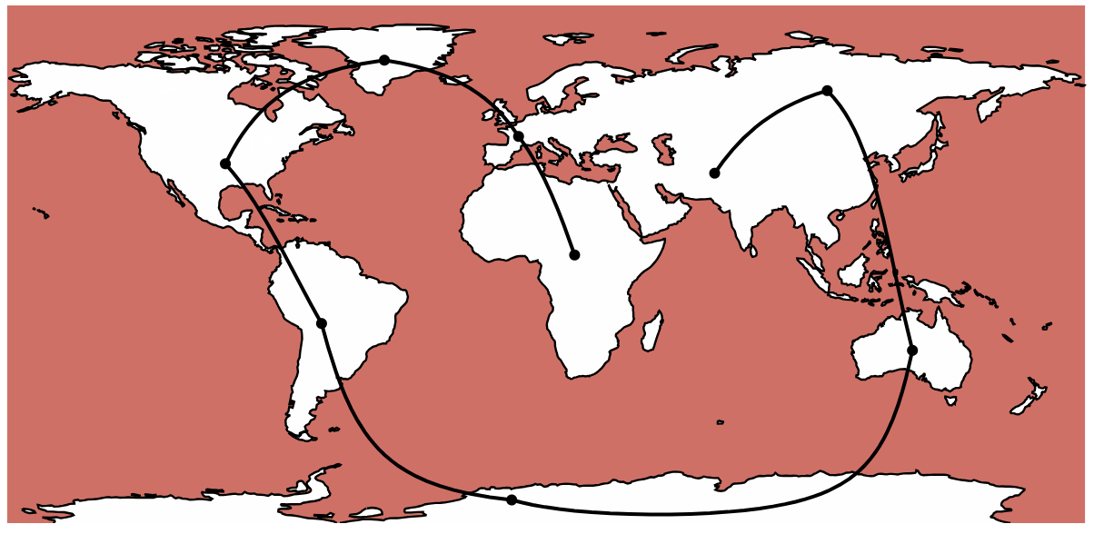 Map using geo-location data to display an optimized route around the world